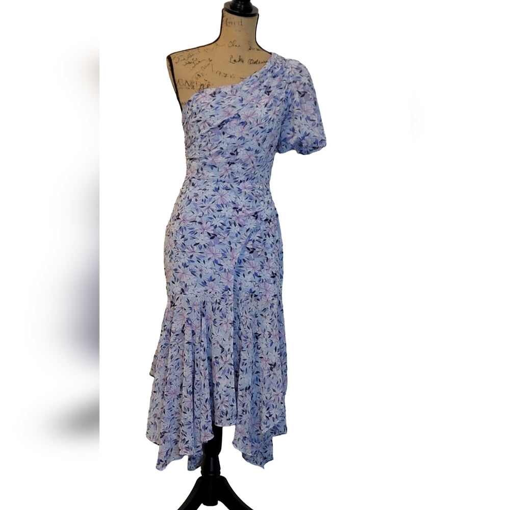 Astr Sheer Floral One Shoulder Ruffle Wrap Zip Midi Dress - Picture 4 of 10